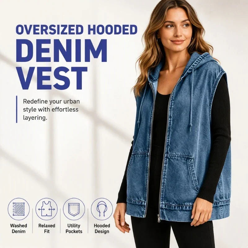 Beniamina Fazio Hooded Denim Vest Jacket - main front view of oversized hooded denim vest
