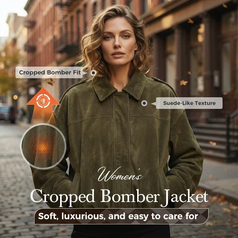 Bianca Women's Suede Cropped Bomber Jacket - main front view of the versatile suede bomber