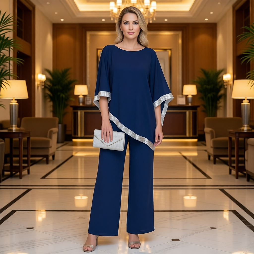 Bianca Marchetti™ Elegantní souprava s flitrovaným pončem a širokými kalhotami