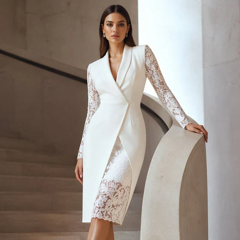 Delia Saravelle Elegant Lace Sleeve Midi Dress - main front view of the dress