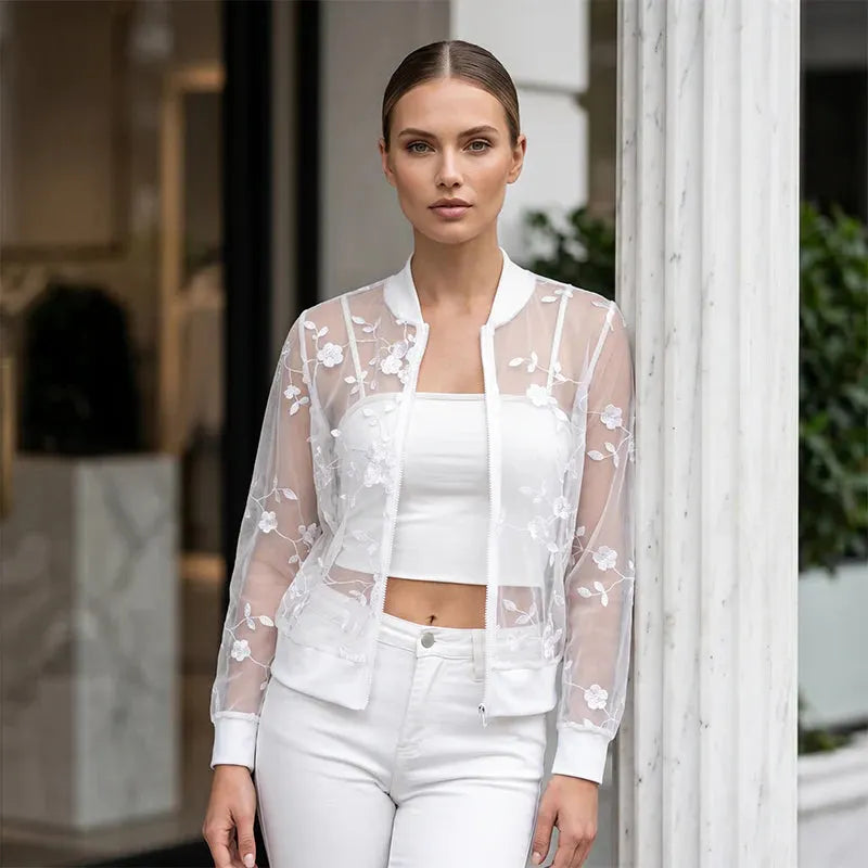 Edvige Aderisse Sheer Floral Zip Cardigan - main product view