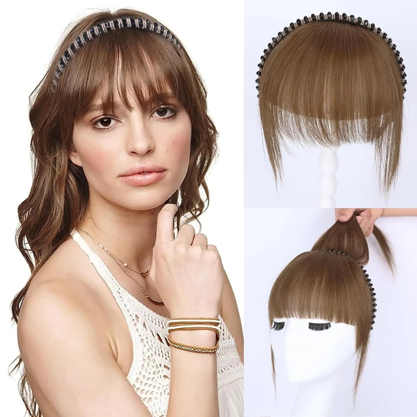 FringeWave Synthetic Hair Fringe with Hair Band - lifestyle content image showing fringe in use