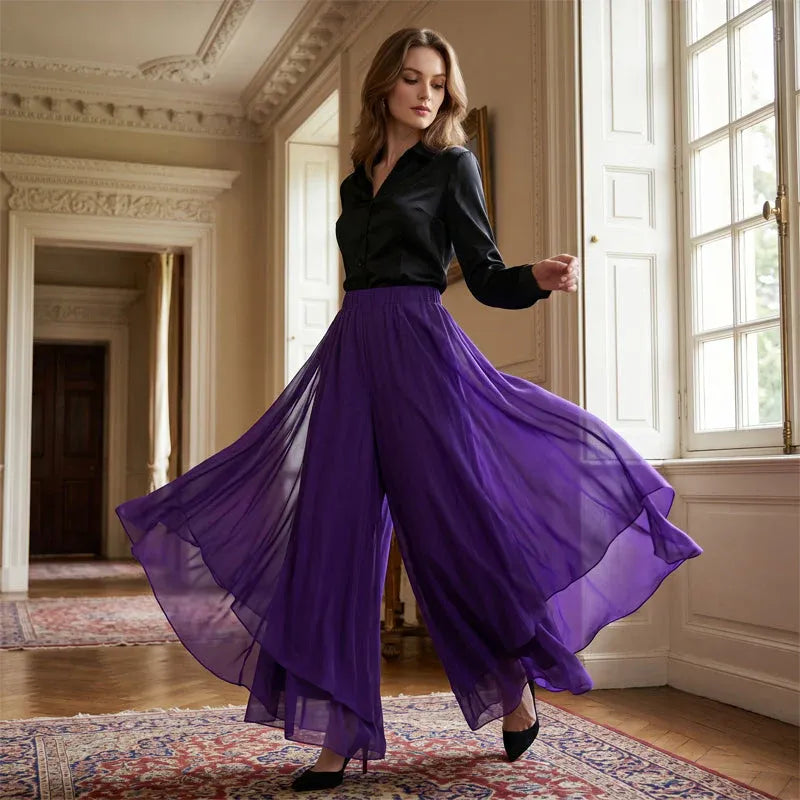 Ilda Women's Asymmetrical Chiffon Wide-Leg Pants - main front product view