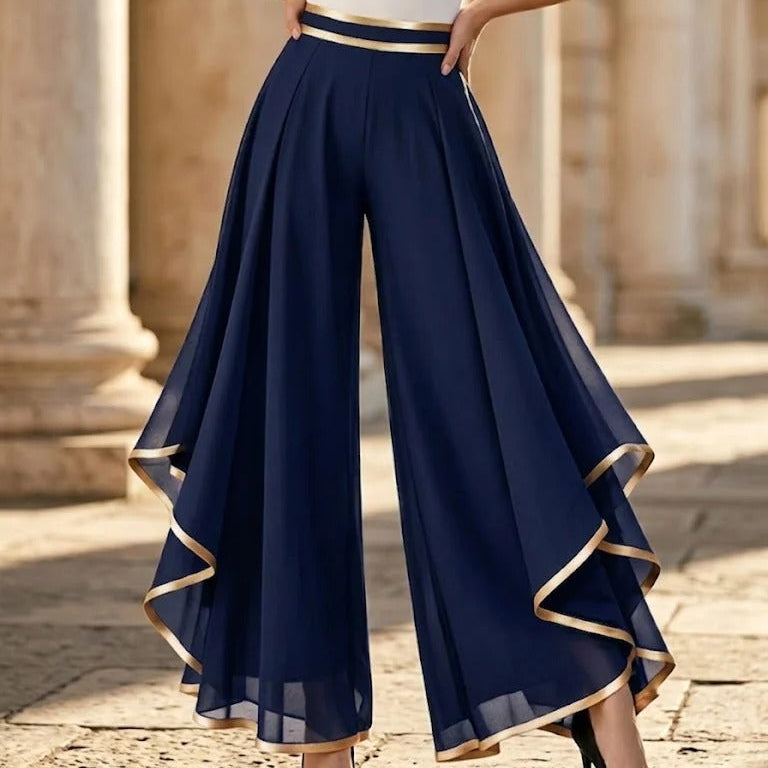 Graziella Aurozzi™ elegantní šifonové kalhoty se zlatým lemováním