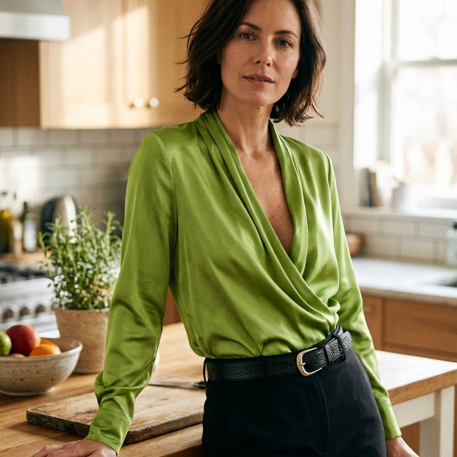 Iolanda Sartori™ elegantní drapovaná saténová halenka s dlouhým rukávem