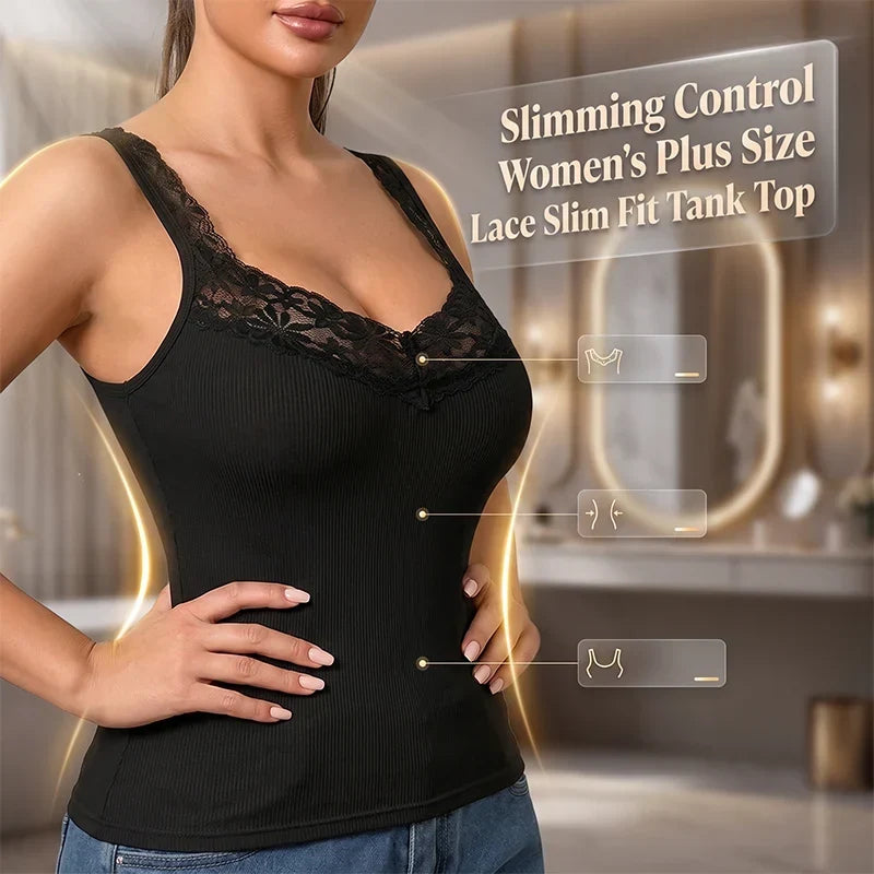 Lacessa Smoothing Lace Tank Top - main front view of women's plus size lace slim fit tank top
