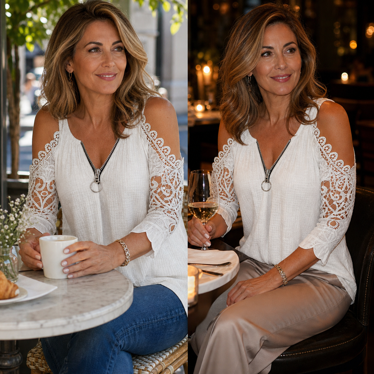 Larissa Belmonte™ Elegantní halenka s průstřihy na ramenou a krajkou