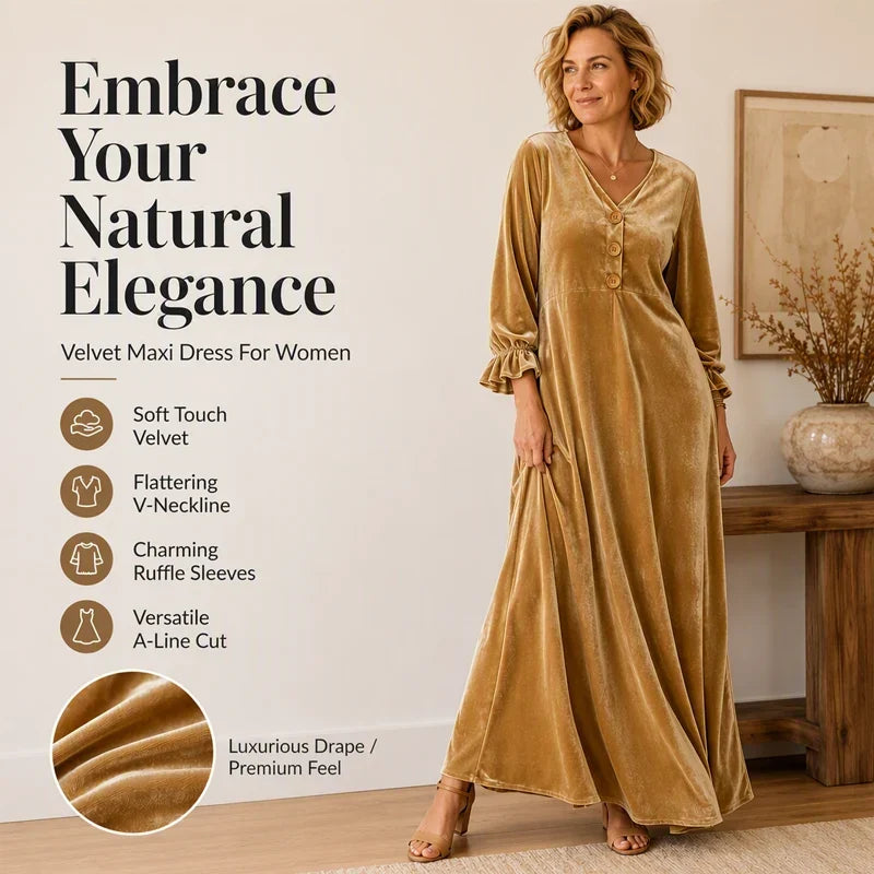 Manuela Elegant Velvet Maxi Dress with Ruffle Sleeve - main front product view