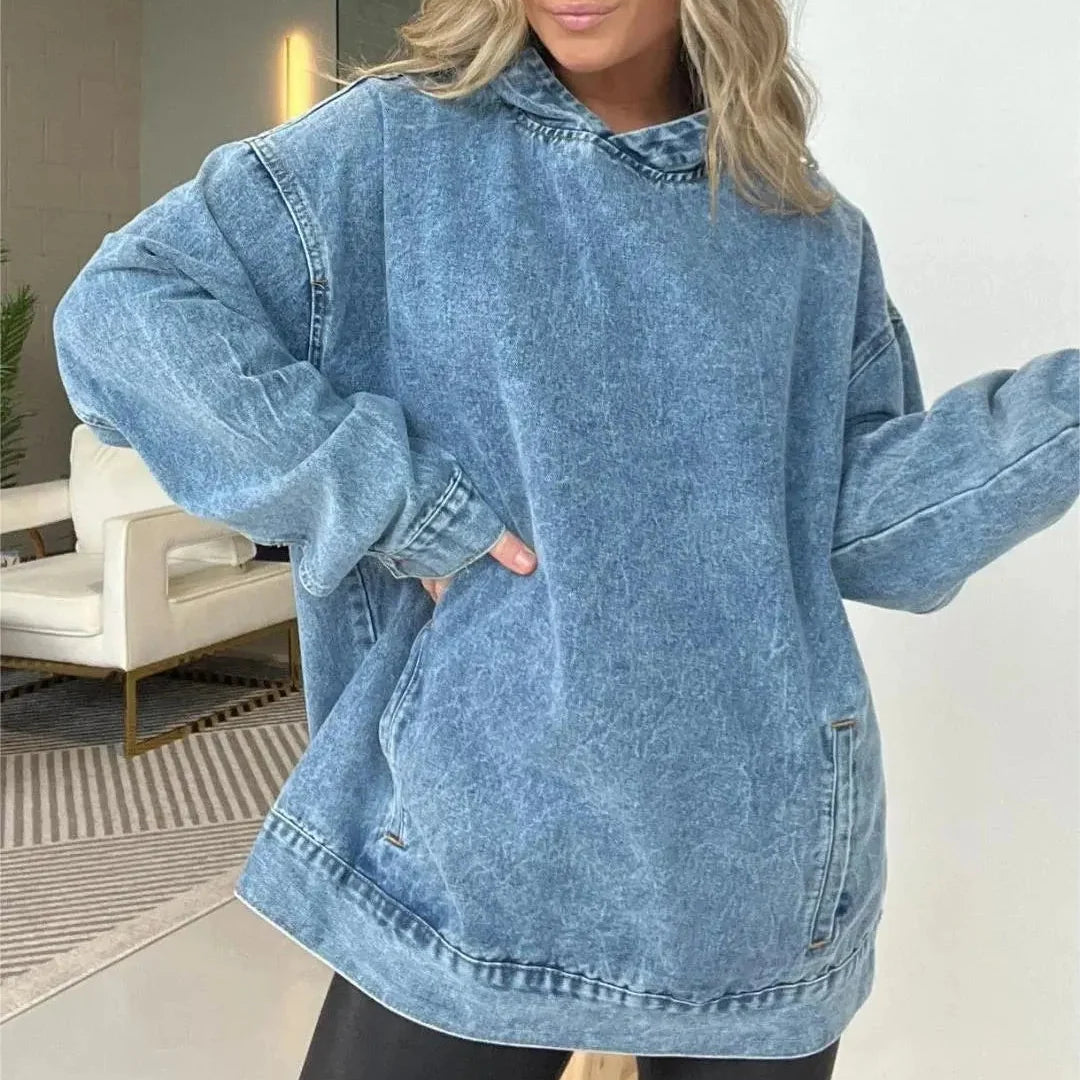 Natalina Denim Hooded Sweatshirt with Front Pockets - main front view of cozy denim hoodie