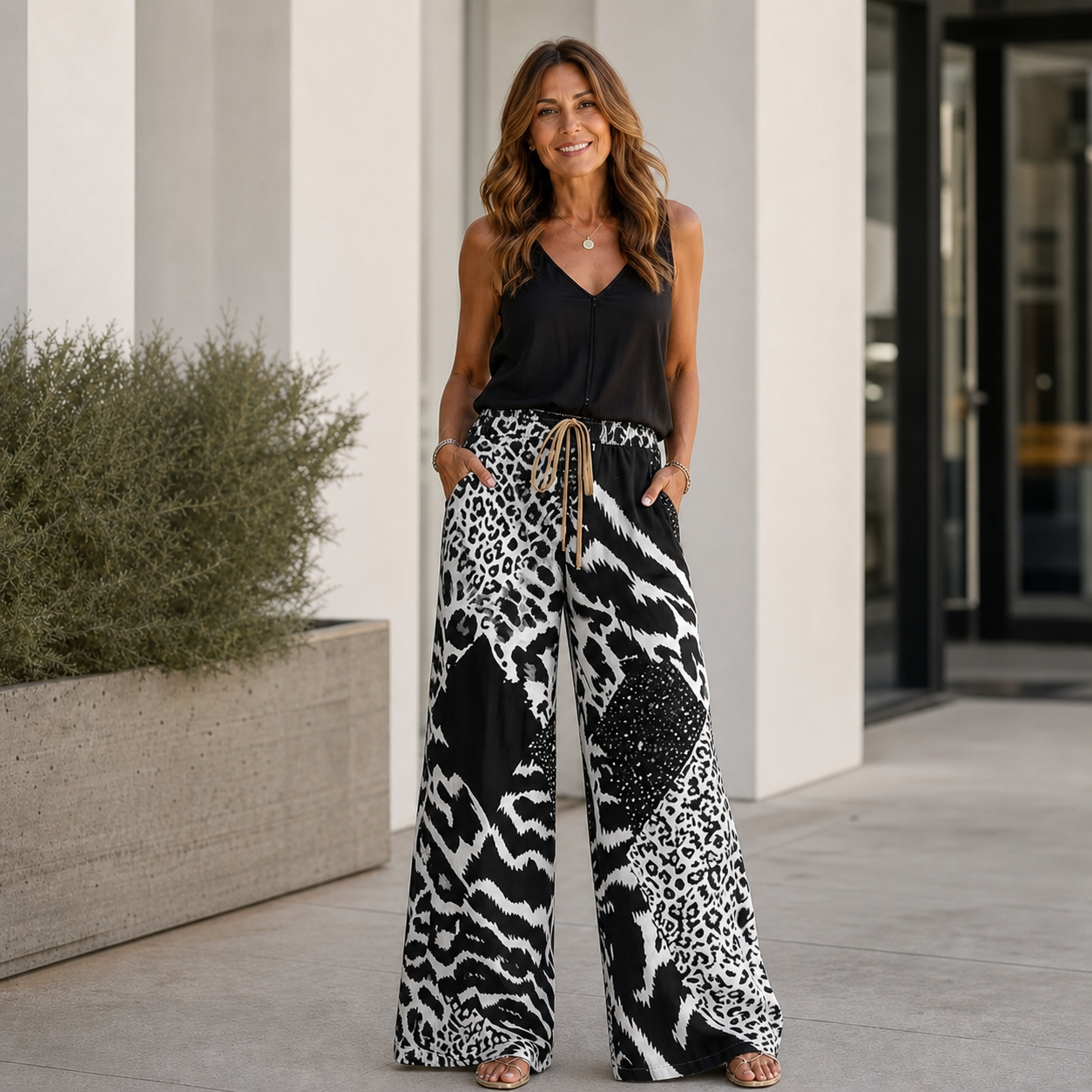 Olga Arcangeli™ Kalhoty s širokými nohavicemi s leopardím vzorem pro bezstarostný styl