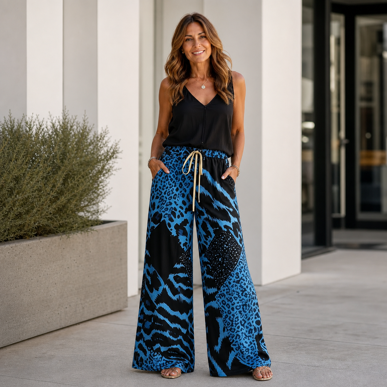 Olga Arcangeli™ Kalhoty s širokými nohavicemi s leopardím vzorem pro bezstarostný styl