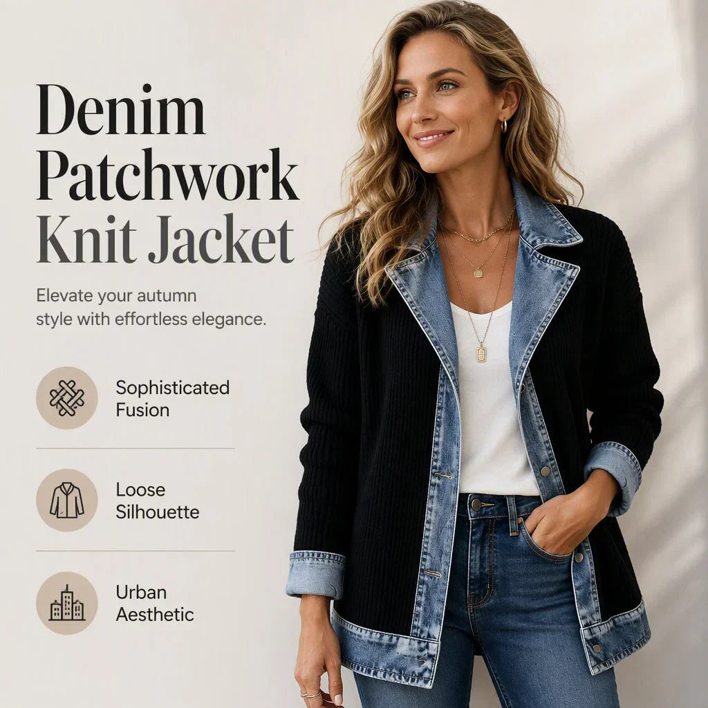 Patrizia Women's Elegant Denim Spliced Ribbed Knit Coat - main front view