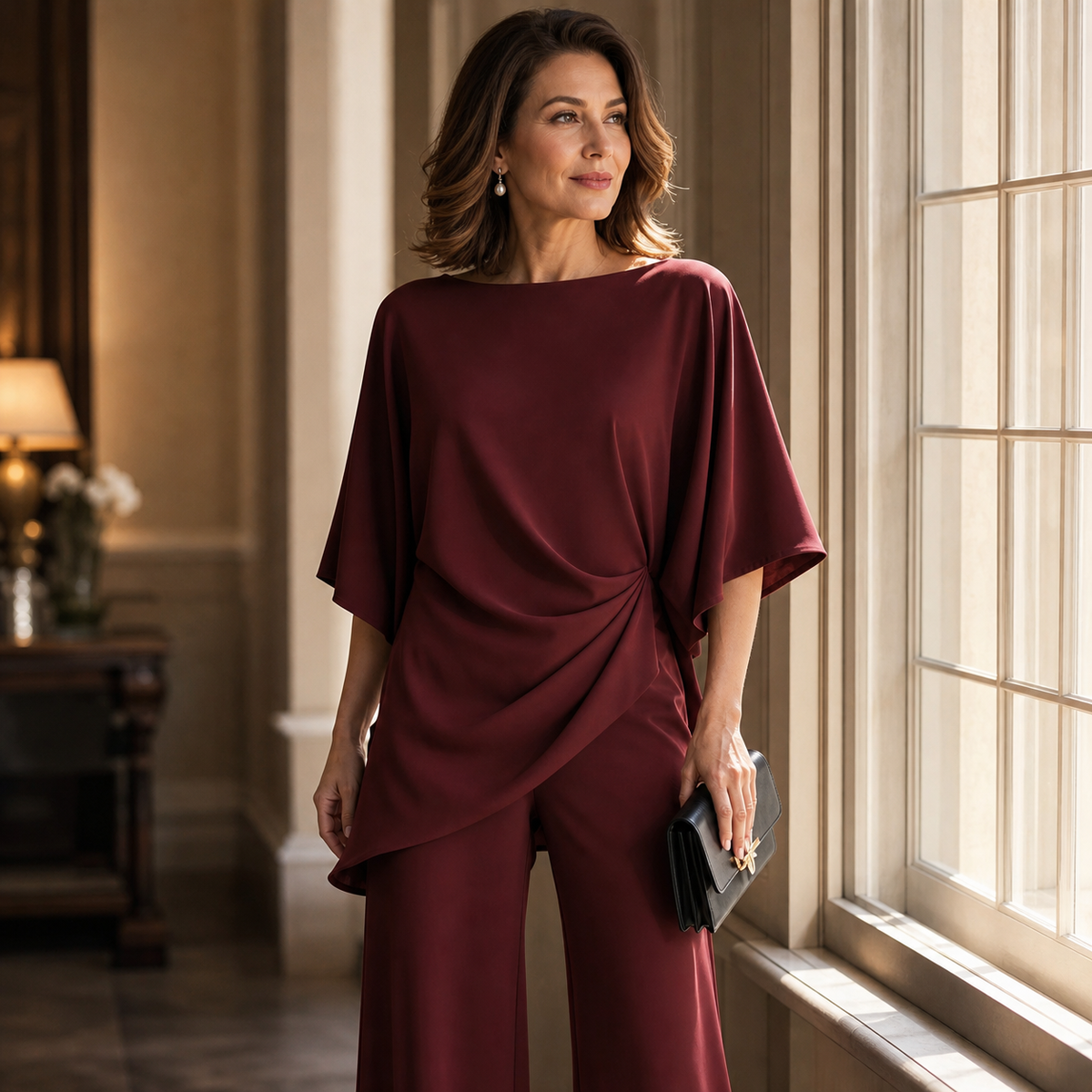 Pellegrina Cappelletti™ Elegantní drapovaná halenka a set s širokými nohavicemi