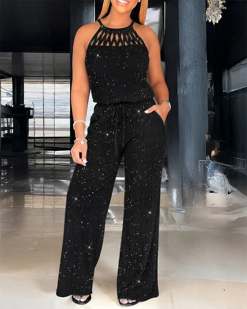 Raffaella Kannika Sparkling Wide Leg Jumpsuit with Halterneck - main front view of full outfit