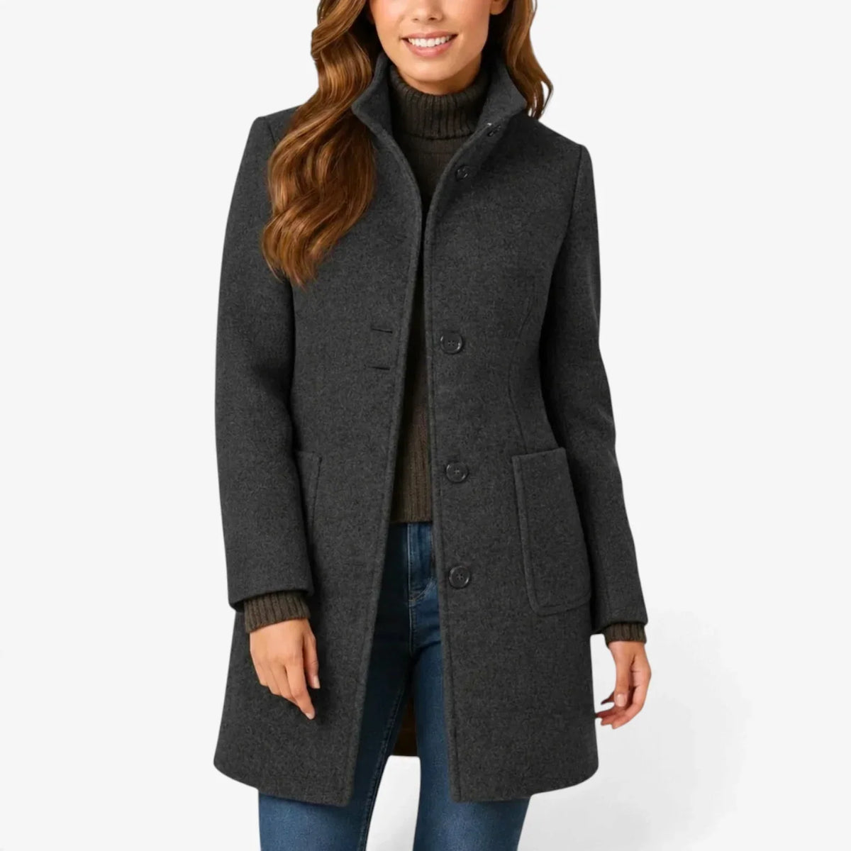 Rossella Evangeline Tailored Charcoal Overcoat - main front view of tailored charcoal overcoat