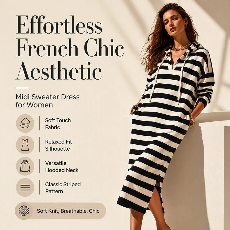 Sabatina Women's Casual Striped Hoodie Dress - main front view of striped hoodie dress