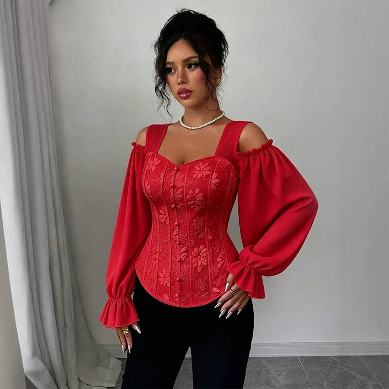 Tania Argento™ Elegantní žakárová bluzka s korzetovým pasem