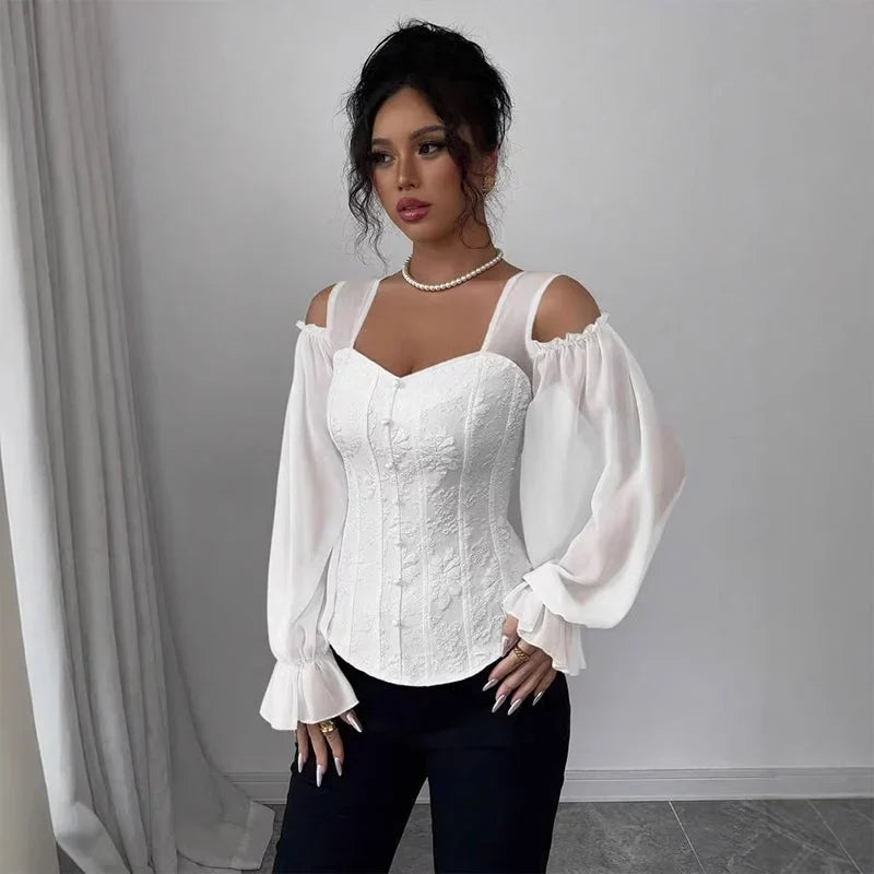 Tania Argento™ Elegantní žakárová bluzka s korzetovým pasem