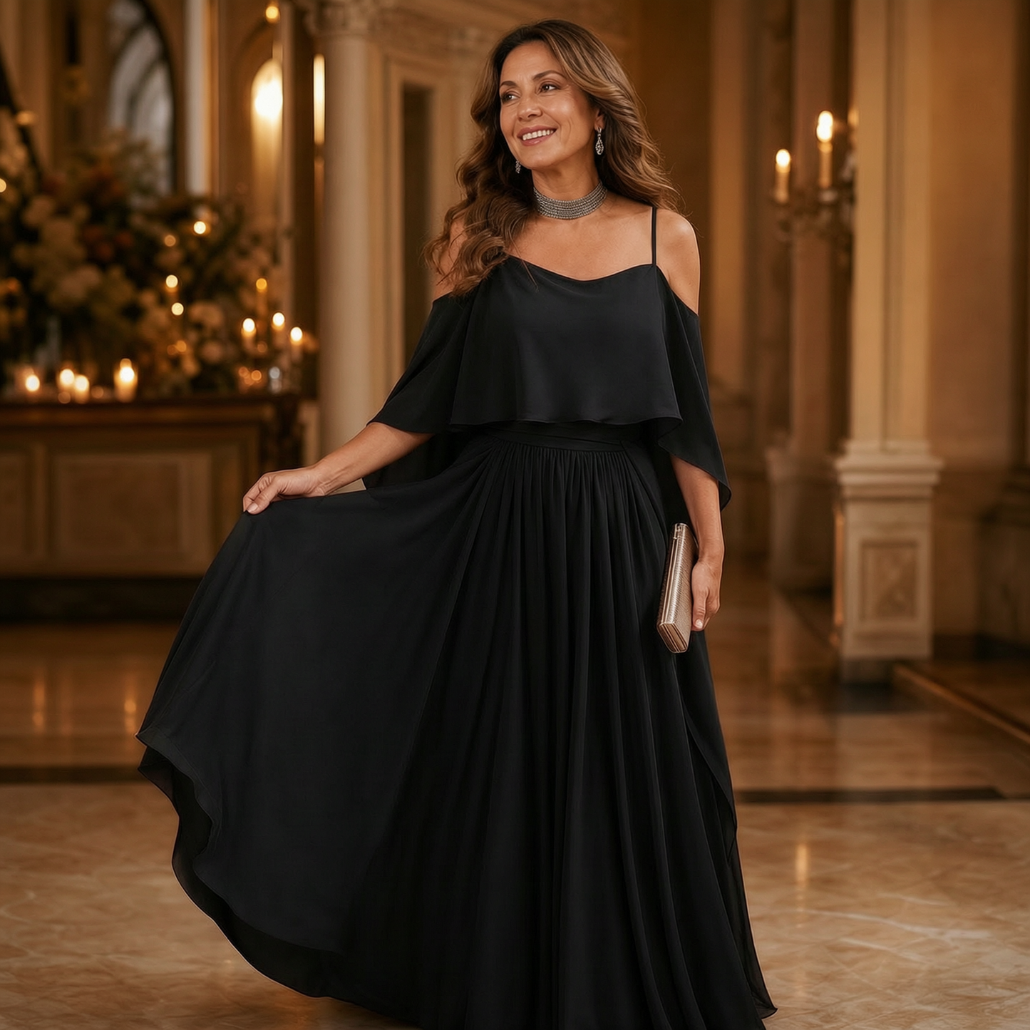 Tania Persico™ Elegantní maxi šaty s průstřihy na ramenou pro plnoštíhlé