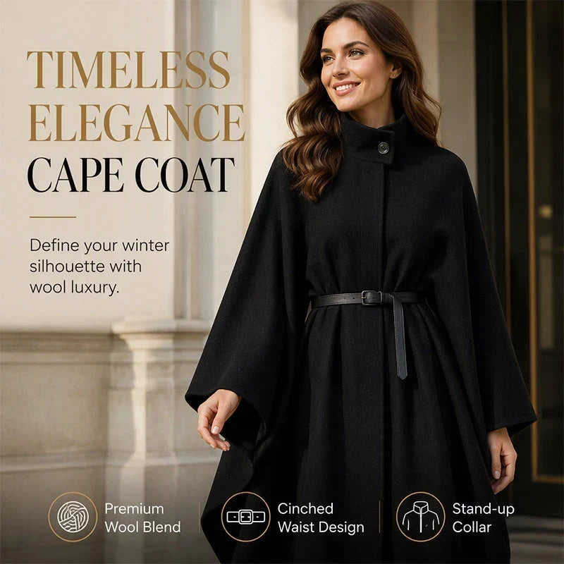 Tonia Elegant Stand-Collar Cape Coat - main front view of the cape coat