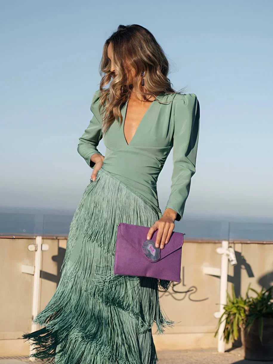 Ursola Abbondanza™ Elegantní midi šaty se třásněmi na slavnostní příležitosti