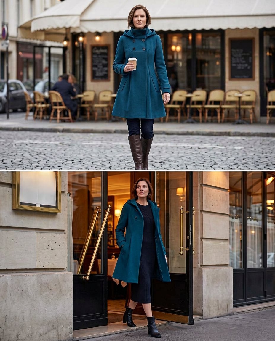 Wanda Salvadori™ Elegantní kapucový áčkový kabát na chladné výlety